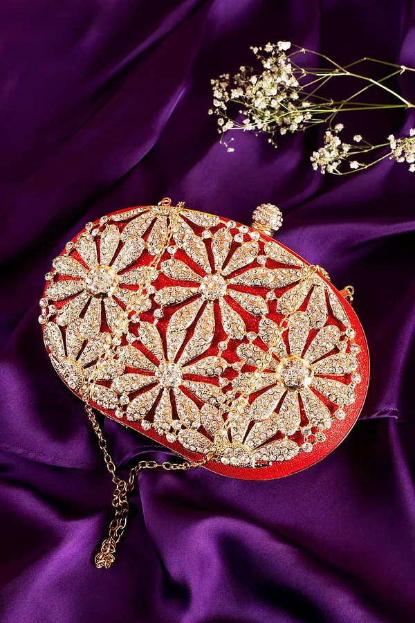 Kırmızı Taşlı Çiçek Desenli Clutch